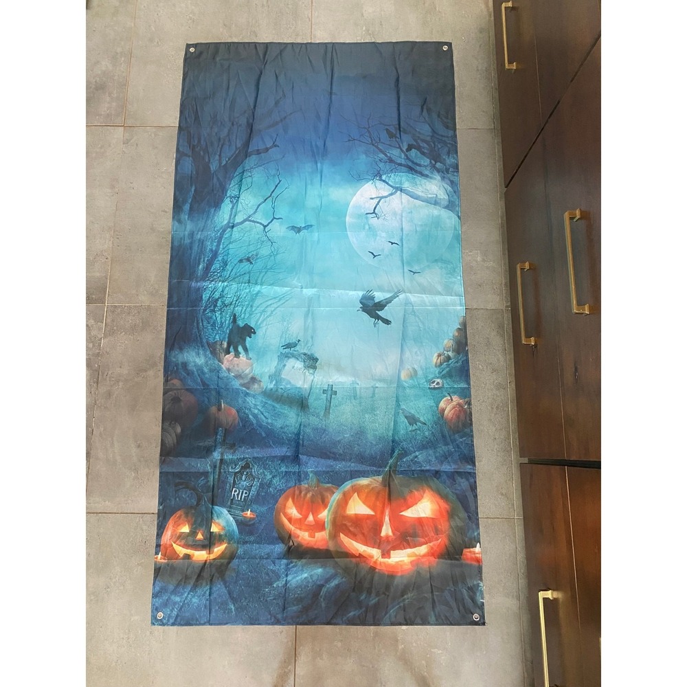 Unbranded Halloween Tapestry Banner Blue Excellent Spooky Graveyard